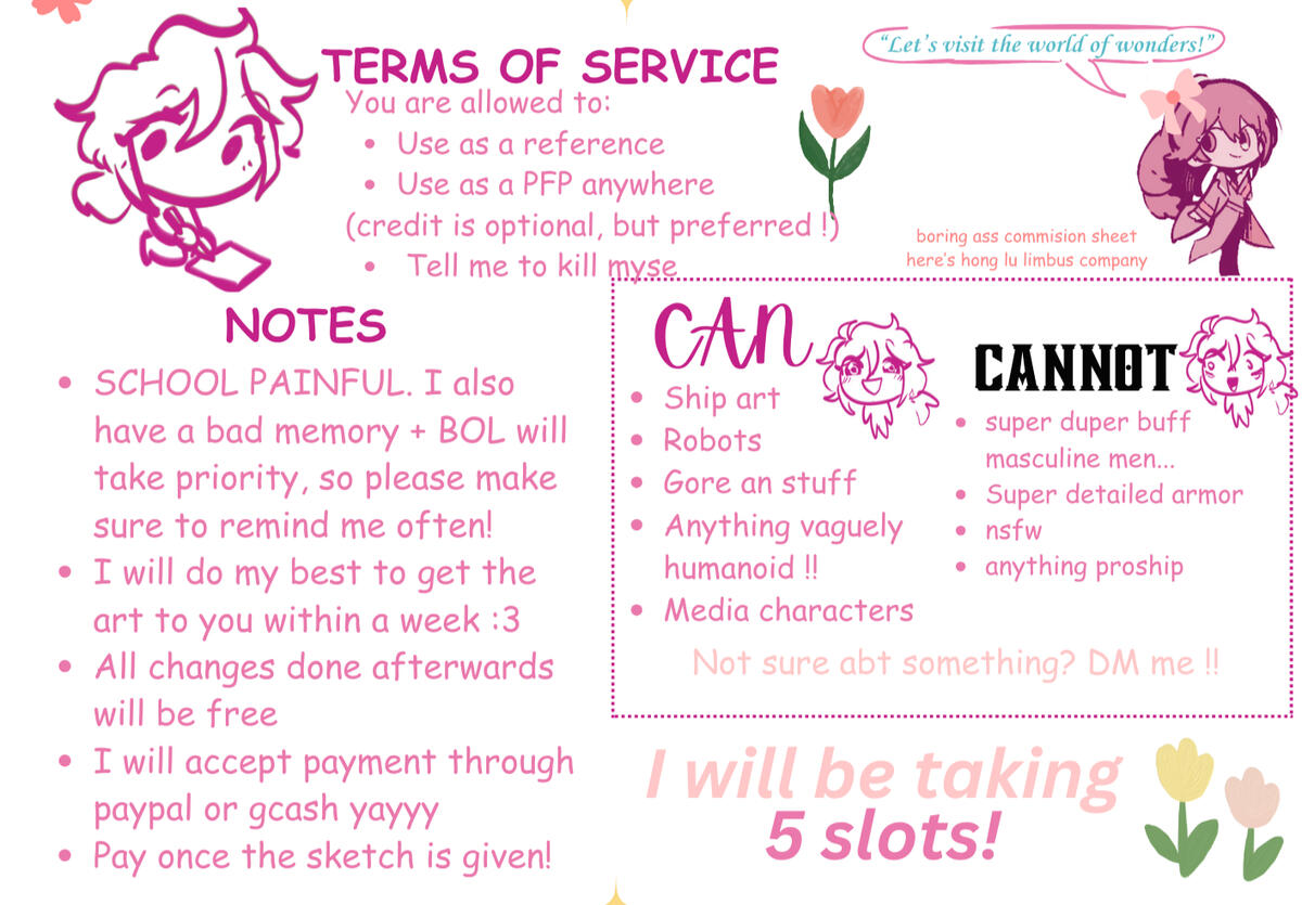 TOS; Permissions, notes, and things I can do or not!